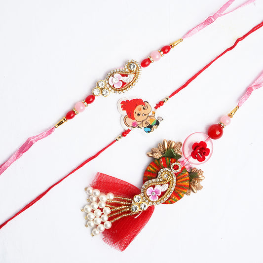 Pink Designer Bhaiya Bhabhi Rakhi with Kids Ganesha Rakhi Set with Roli Chawal