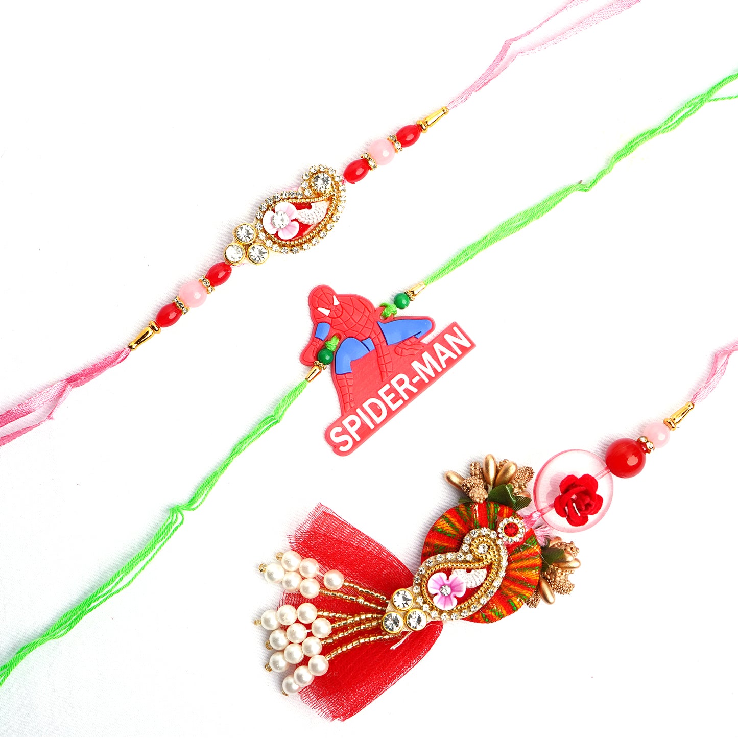 Pink Designer Bhaiya Bhabhi Set with Spiderman Rakhi Family Set