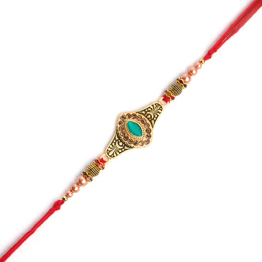 Exquisite Designer Green Stone Rakhi for Brother with Complimentary Roli Chawal