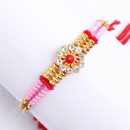 Designer Pink Flower Stones Rakhi for Brother Comes with Complimentary Roli Chawal