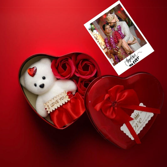 Valentine's Heart Gift Box with Teddy, Roses & Photo Card