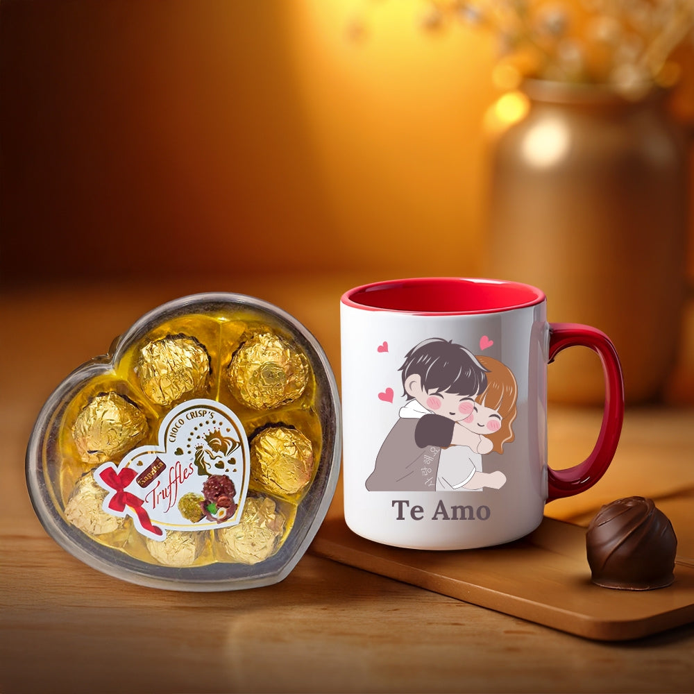 Te Amo Red Mug with Heart-Shaped Truffle Chocolates