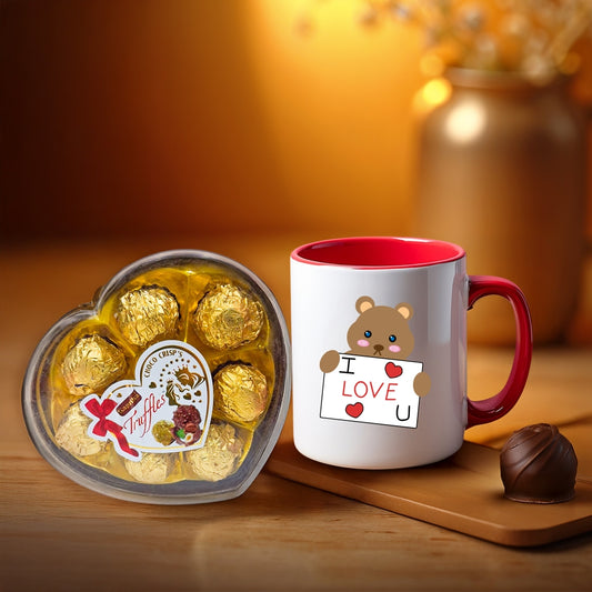 I Love U Red Mug with Teddy Art And Heart-Shaped Truffle Chocolates