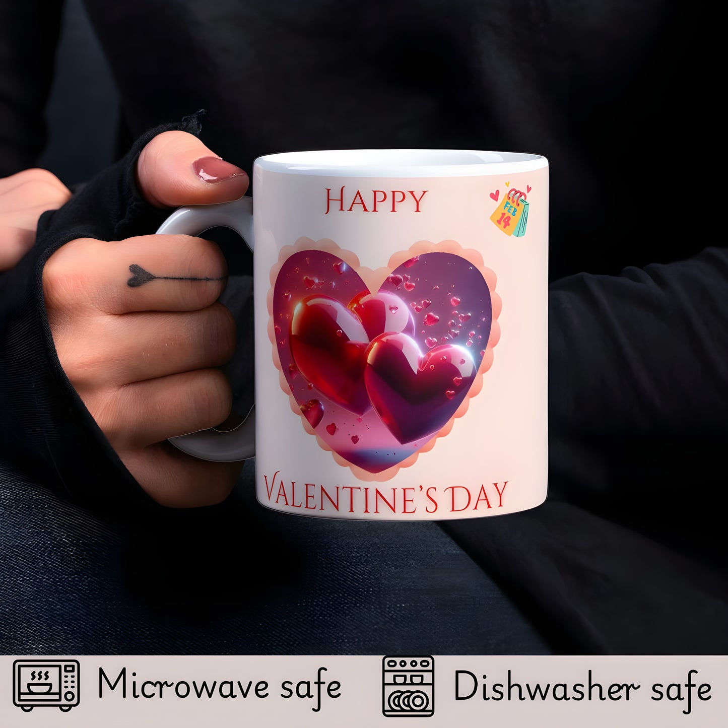 Happy Valentine's Day - Red Heart Theme Printed 11oz Ceramic Coffee Mug for Couples