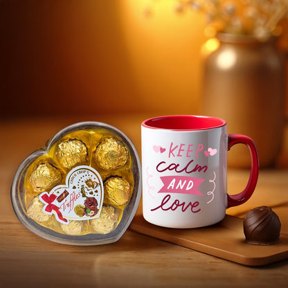 Keep Calm and Love Red Mug with Heart-Shaped Truffles