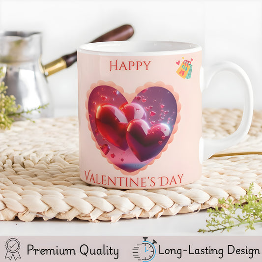 Happy Valentine's Day - Red Heart Theme Printed 11oz Ceramic Coffee Mug for Couples