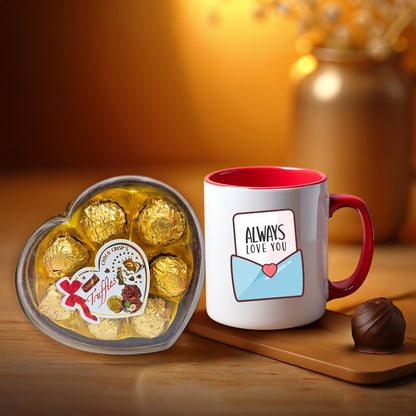 Always Love You Red Mug with Heart-Shaped Truffle Chocolates