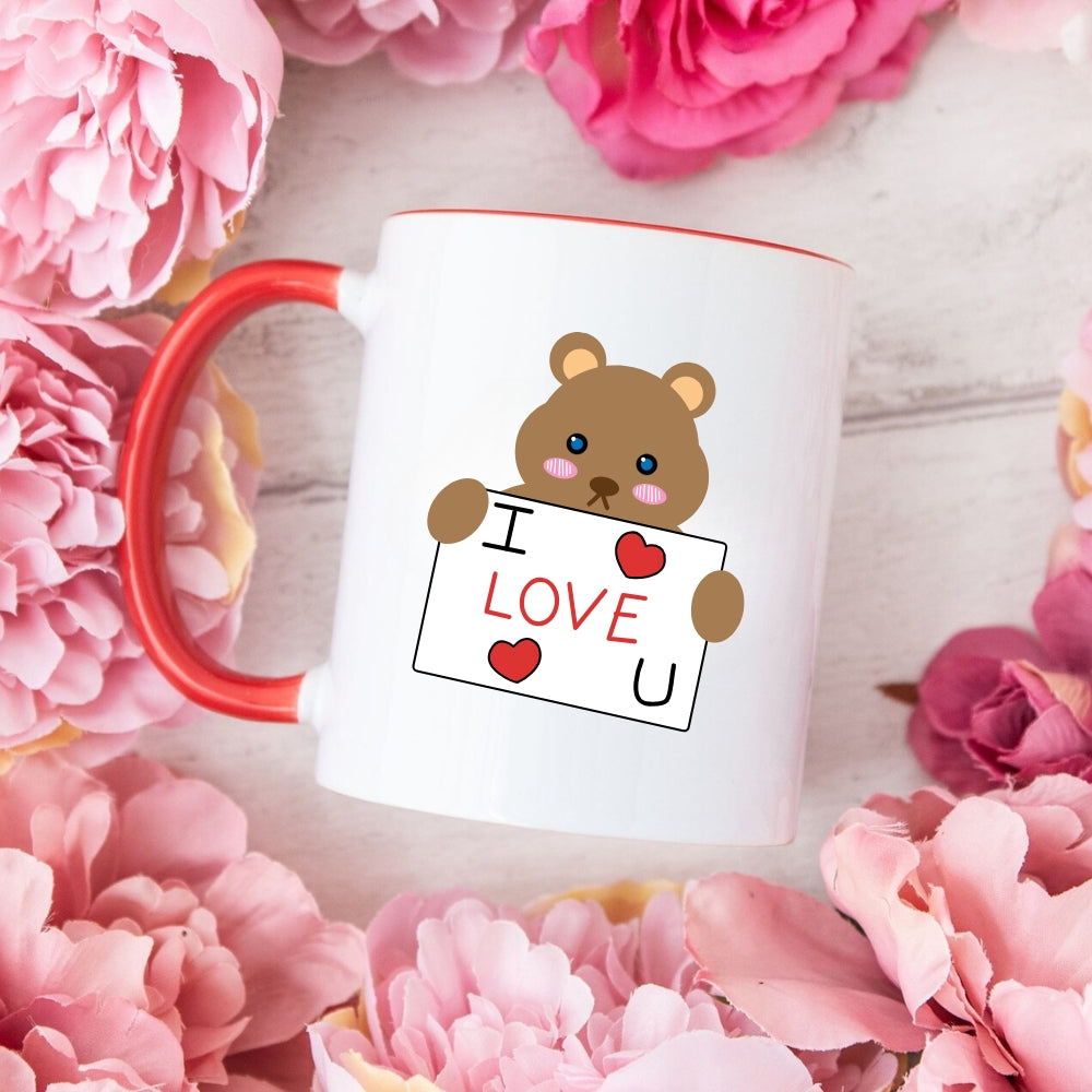 I Love U Red Mug with Teddy Art And Heart-Shaped Truffle Chocolates