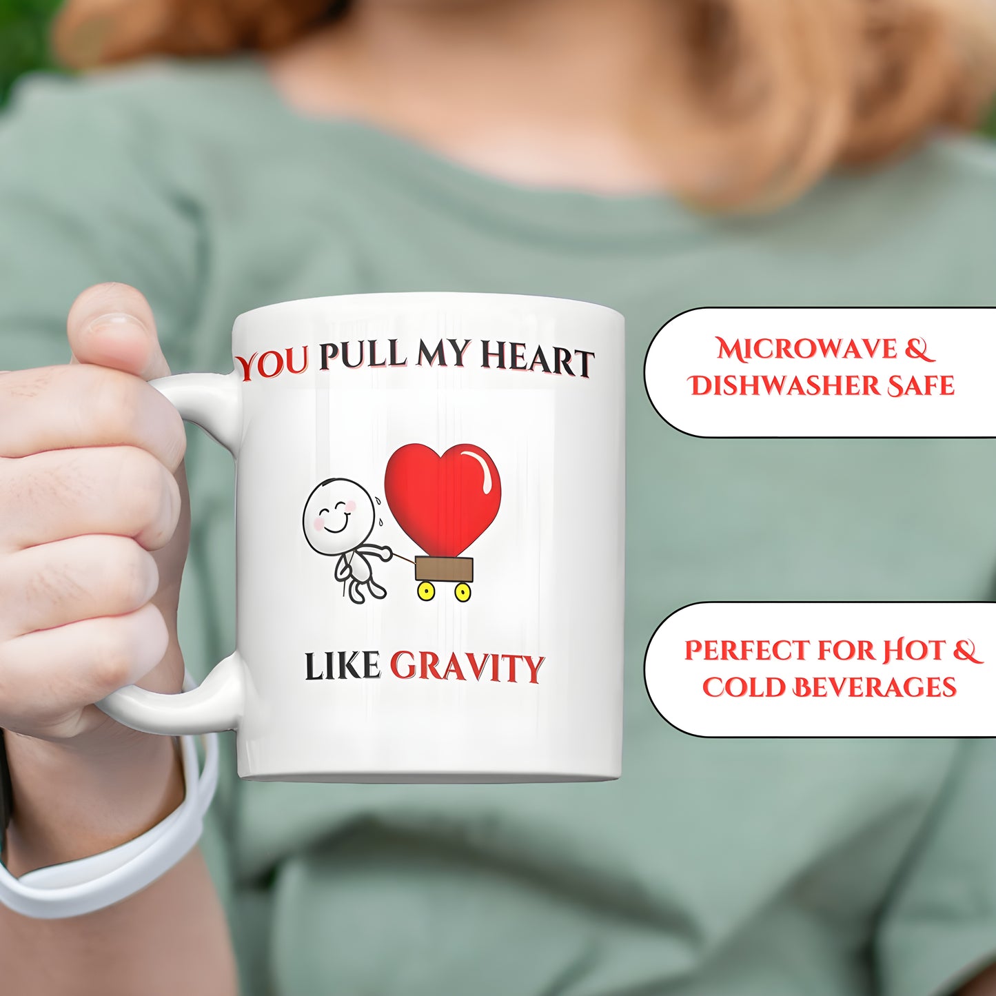 You Pull My Heart Like Gravity - 11oz Ceramic Valentine's Coffee Mug with Sticky Guy & Red Heart Design