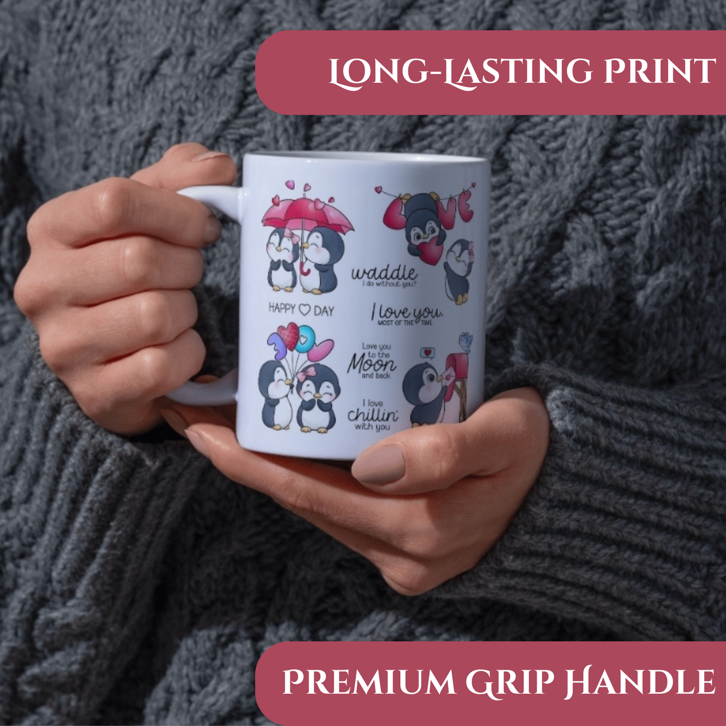 Cute Penguin Love Message - Valentine's Theme Printed 11oz Ceramic Coffee Mug for Couples