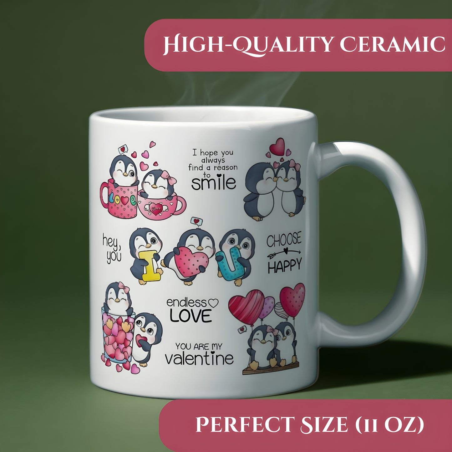 Penguins Love Theme - Cute Love Messages 11oz White Ceramic Coffee Mug for Valentine's Day