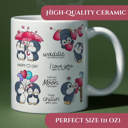 Cute Penguin Love Message - Valentine's Theme Printed 11oz Ceramic Coffee Mug for Couples