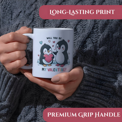 Cute Two Penguins - Will You Be My Valentine Printed 11oz Ceramic Coffee Mug