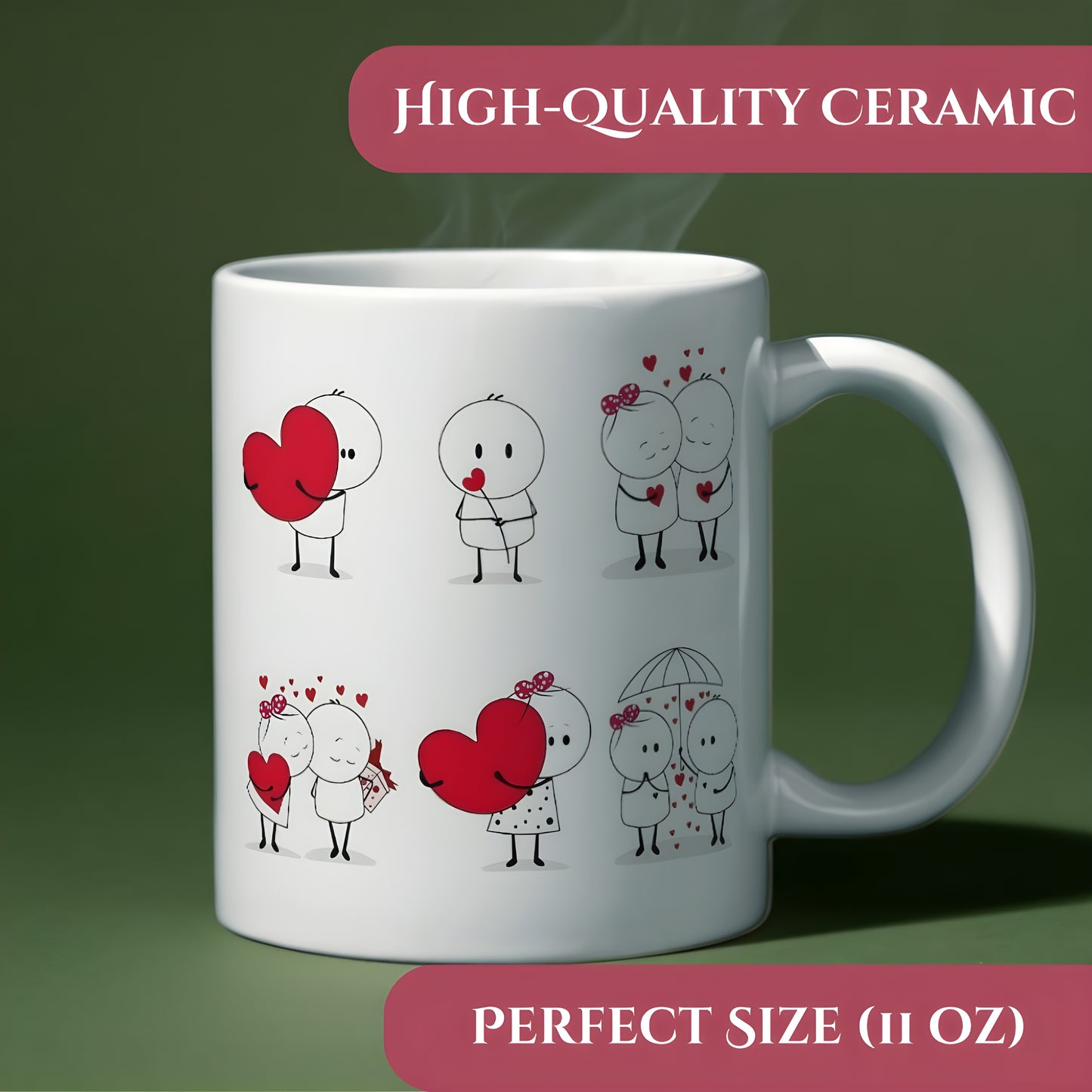 Cute Love Story - Sticky Love Theme Printed 11oz Ceramic Coffee Mug for Couples