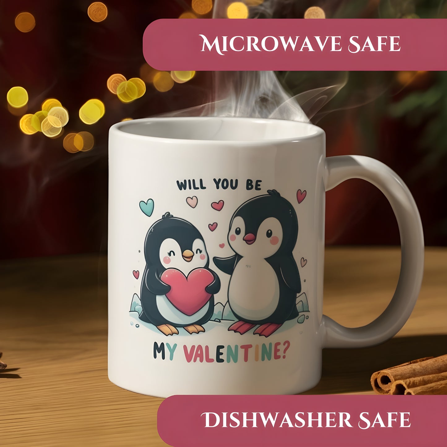 Cute Two Penguins - Will You Be My Valentine Printed 11oz Ceramic Coffee Mug