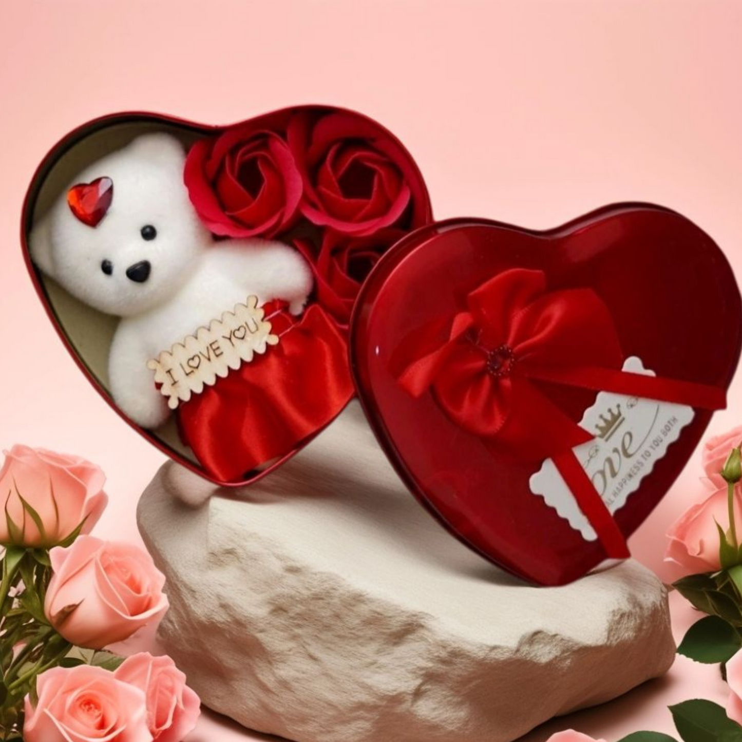 Valentine's Heart Gift Box with Teddy, Roses & Photo Card