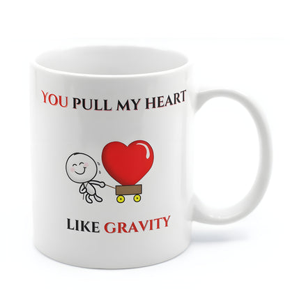 You Pull My Heart Like Gravity - 11oz Ceramic Valentine's Coffee Mug with Sticky Guy & Red Heart Design