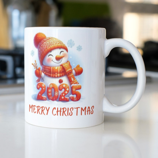 2025 Snowman Christmas Mug - Merry Christmas and Happy New Year Printed Ceramic Coffee Mug