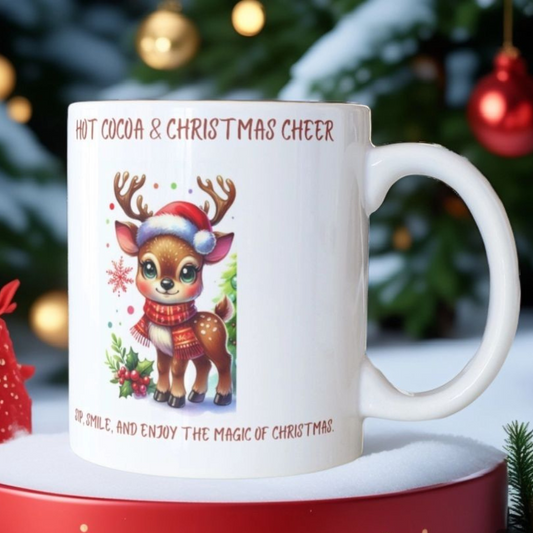 Hot Cocoa and Christmas Cheer Mug Cute Christmas Deer 11oz Ceramic Holiday Coffee Mug